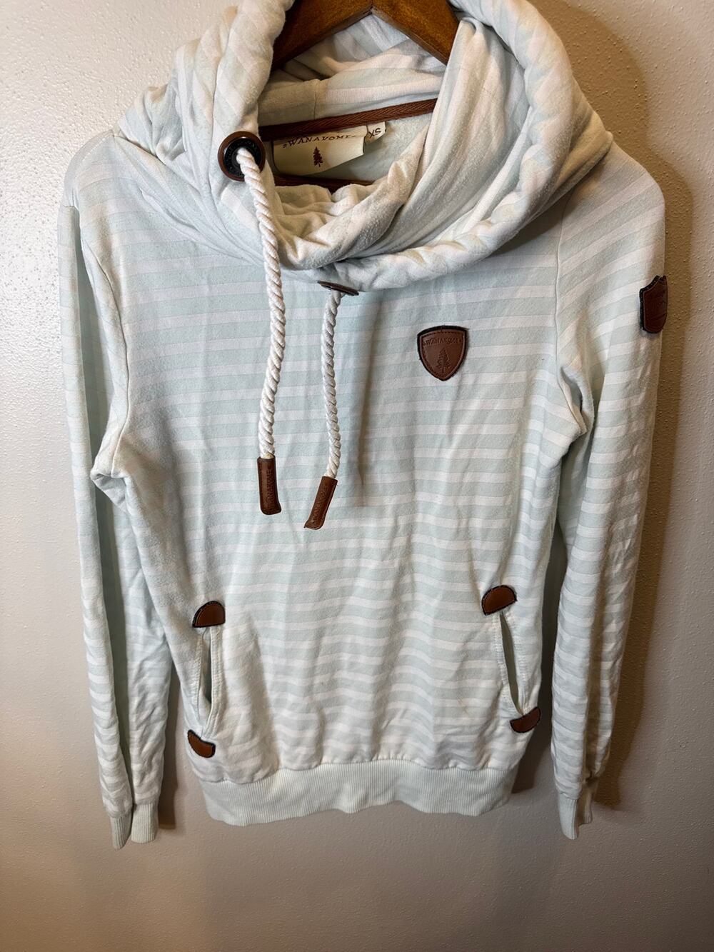 Wanakome Women’s Mint White Striped Cowl Neck Hoodie Leather Accents